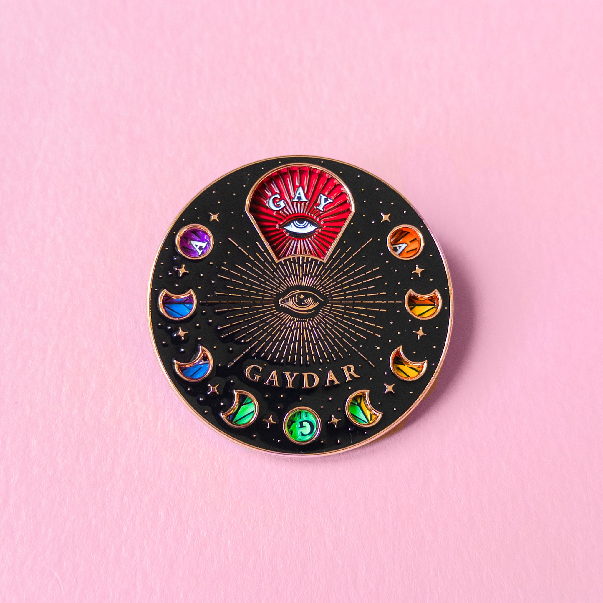 Gaydar spinning pin — enamel pin