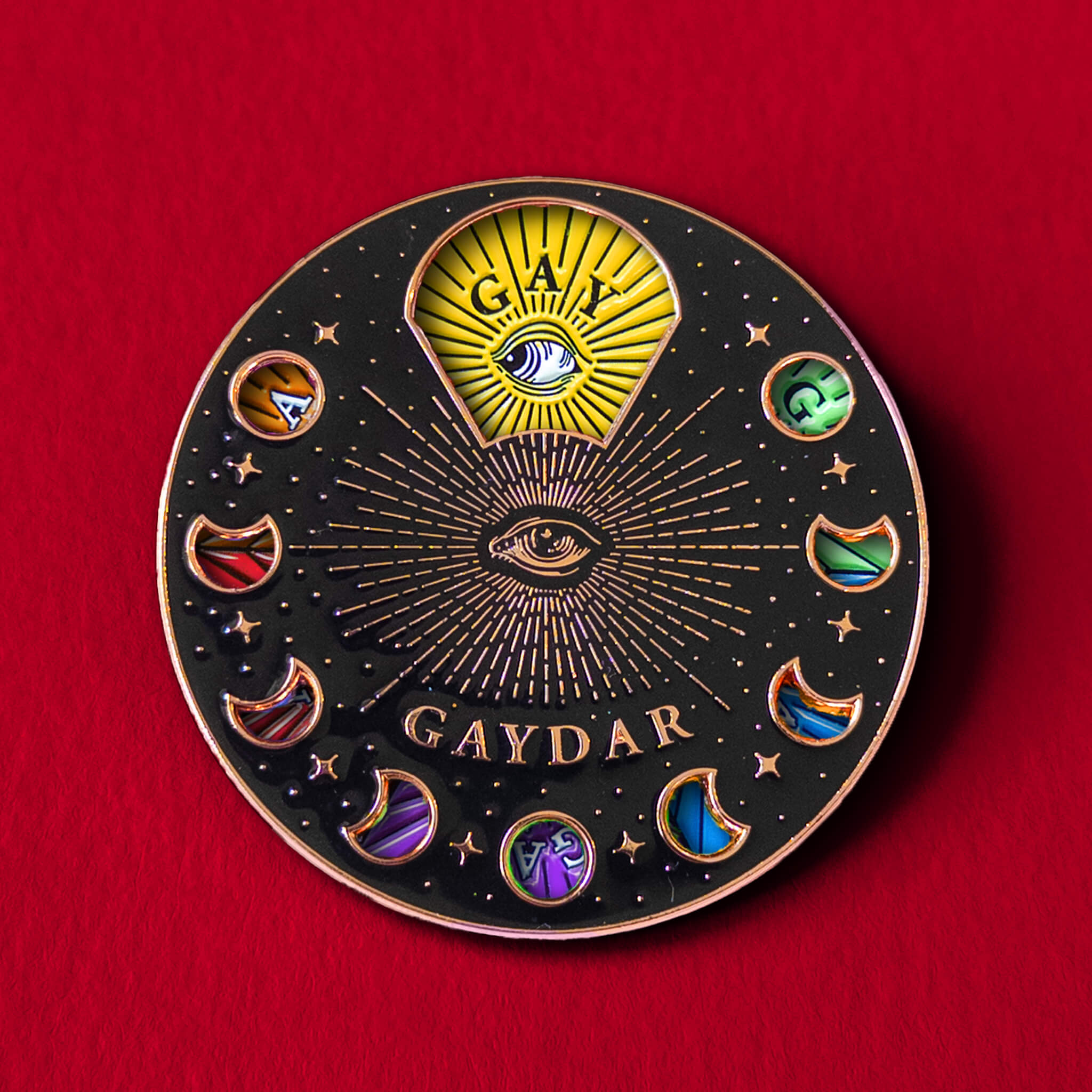 Gaydar spinning pin — enamel pin